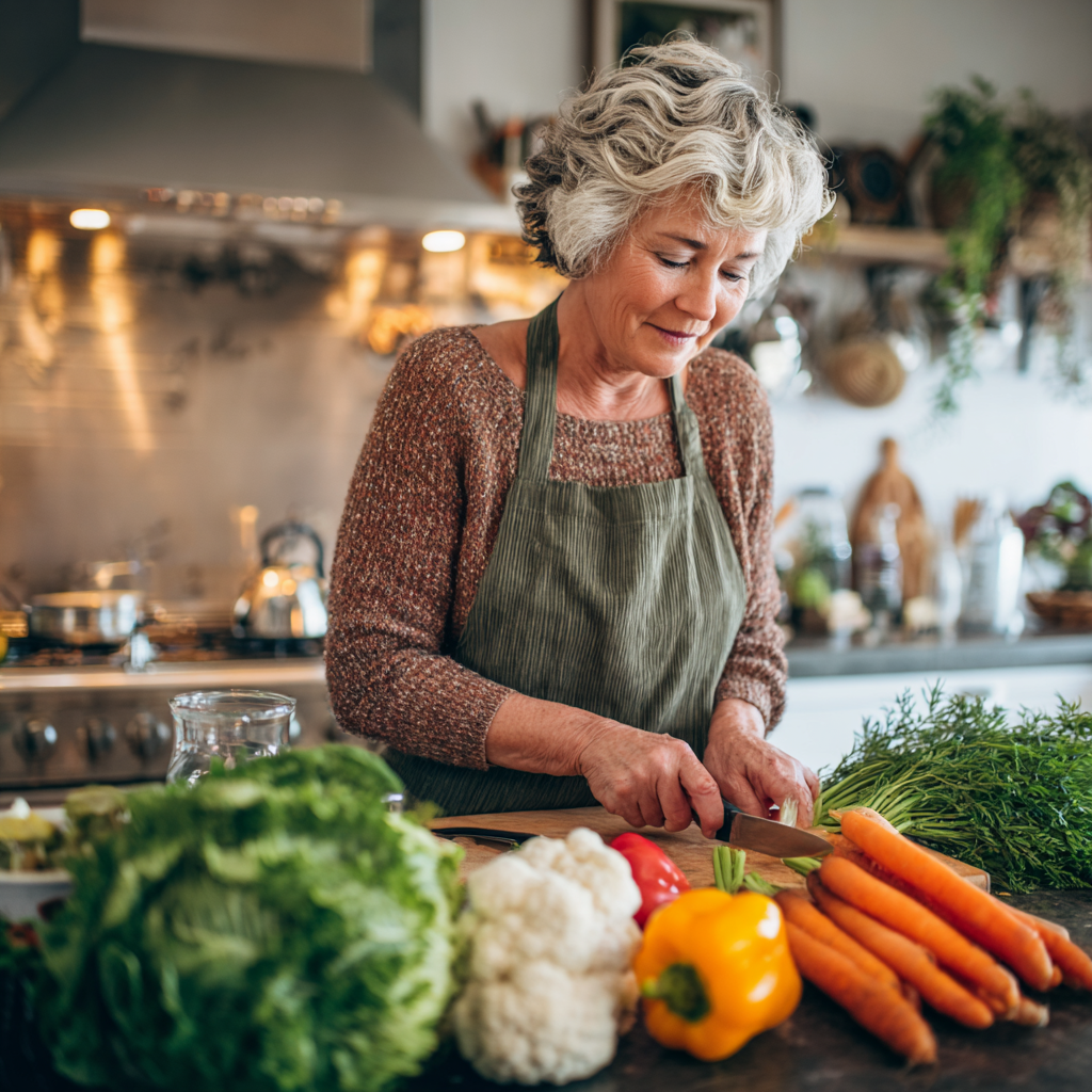 mature woman preparing healthy meal with fresh vegetables in modern kitchen