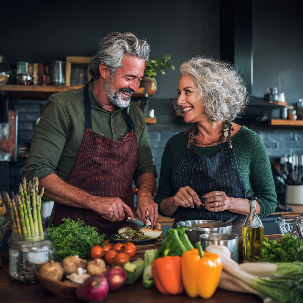 middle-aged couple cooking together with fresh organic ingredients